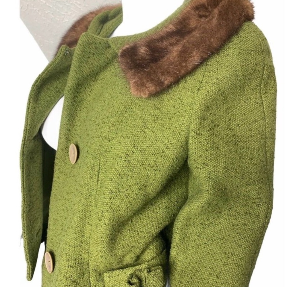 Green Wool Coat with Brown Fur Trim - Picture 5 of 12